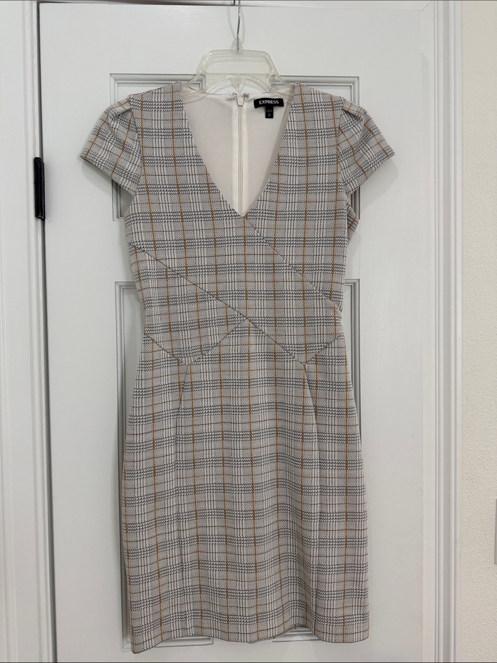 Express Plaid V-Neck Sheath Dress in Gray and Tan